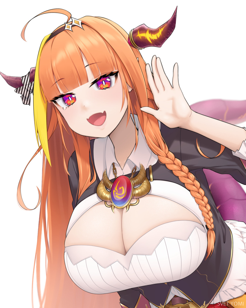 1girl absurdres ahoge black_jacket blonde_hair blunt_bangs bow braid breasts cleavage cleavage_cutout clothing_cutout diagonal-striped_bow dragon_girl dragon_horns dragon_tail fang french_braid hairband highres hololive horn_bow horn_ornament horns huge_breasts jacket kiryu_coco kiryu_coco_(1st_costume) leaning_forward long_hair looking_at_viewer multicolored_hair open_mouth orange_hair pointy_ears purple_eyes red_eyes red_skirt shirt simple_background skin_fang skirt smile solo streaked_hair svet_yomi tail tearing_up very_long_hair virtual_youtuber waving white_background white_shirt