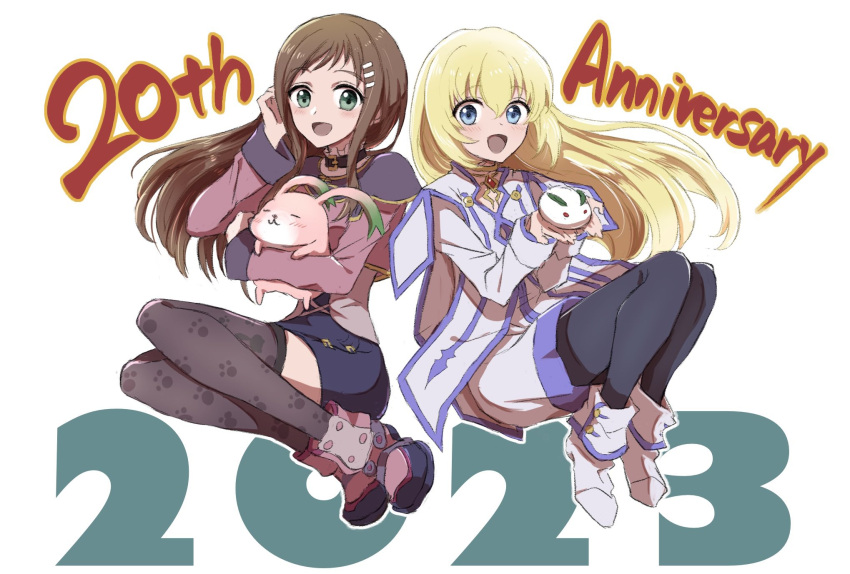2023 2girls anniversary black_thighhighs blonde_hair blue_eyes brown_hair colette_brunel collar esperance full_body green_eyes hair_ornament hairclip highres long_hair looking_at_viewer multiple_girls open_mouth rabbit skirt smile sophia_esteed star_ocean star_ocean_till_the_end_of_time tales_of_(series) tales_of_symphonia thighhighs