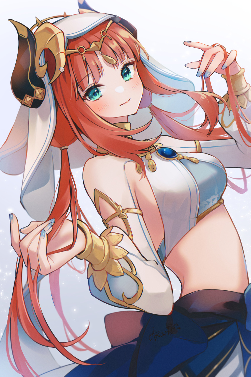 1girl 7aka_ne11 absurdres aqua_eyes blue_gemstone blue_nails blue_skirt circlet closed_mouth commentary_request cowboy_shot crop_top dancer fake_horns gem genshin_impact hands_up harem_outfit highres holding holding_hair horns long_hair long_sleeves looking_at_viewer nilou_(genshin_impact) red_hair skirt smile solo white_veil
