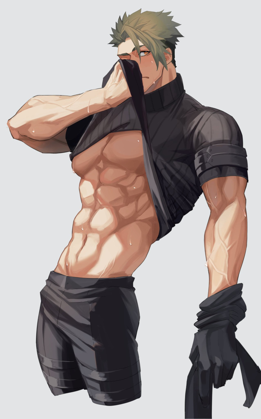 1boy abs achilles_(fate) black_gloves black_pants closed_mouth clothes_lift cropped_legs fate/apocrypha fate_(series) gloves green_hair grey_background haruakira highres large_pectorals male_focus muscular muscular_male navel orange_eyes pants pectorals ribbed_sweater shirt_lift short_hair short_sleeves simple_background solo sweat sweater undercut veins veiny_arms wiping_sweat