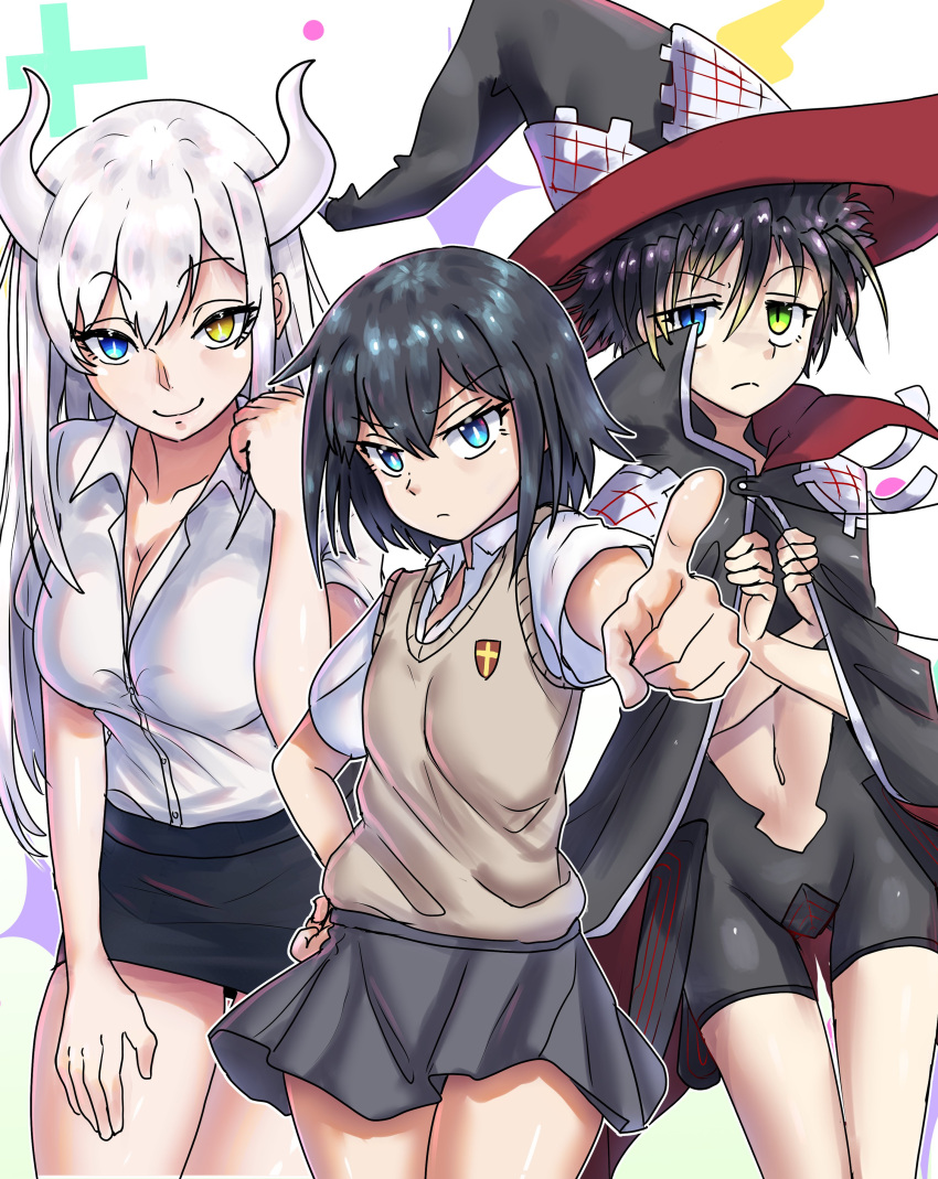 3girls absurdres black_cloak black_hair black_headwear black_skirt blue_eyes breasts bright_pupils brown_sweater_vest cleavage cloak closed_mouth collarbone collared_shirt commentary cosplay cowboy_shot ebora emblem english_commentary green_eyes grey_skirt hand_on_own_hip hand_on_own_thigh hat heterochromia highres horns index_finger_raised large_breasts long_hair looking_at_viewer medium_hair multiple_girls original othinus othinus_(cosplay) school_emblem school_uniform shirt short_sleeves single_horn skirt slit_pupils smile spiked_hair standing summer_uniform sweater_vest thigh_gap toaru_majutsu_no_index toaru_majutsu_no_index:_new_testament tokiwadai_school_uniform white_hair white_horns white_pupils white_shirt witch_hat yellow_eyes