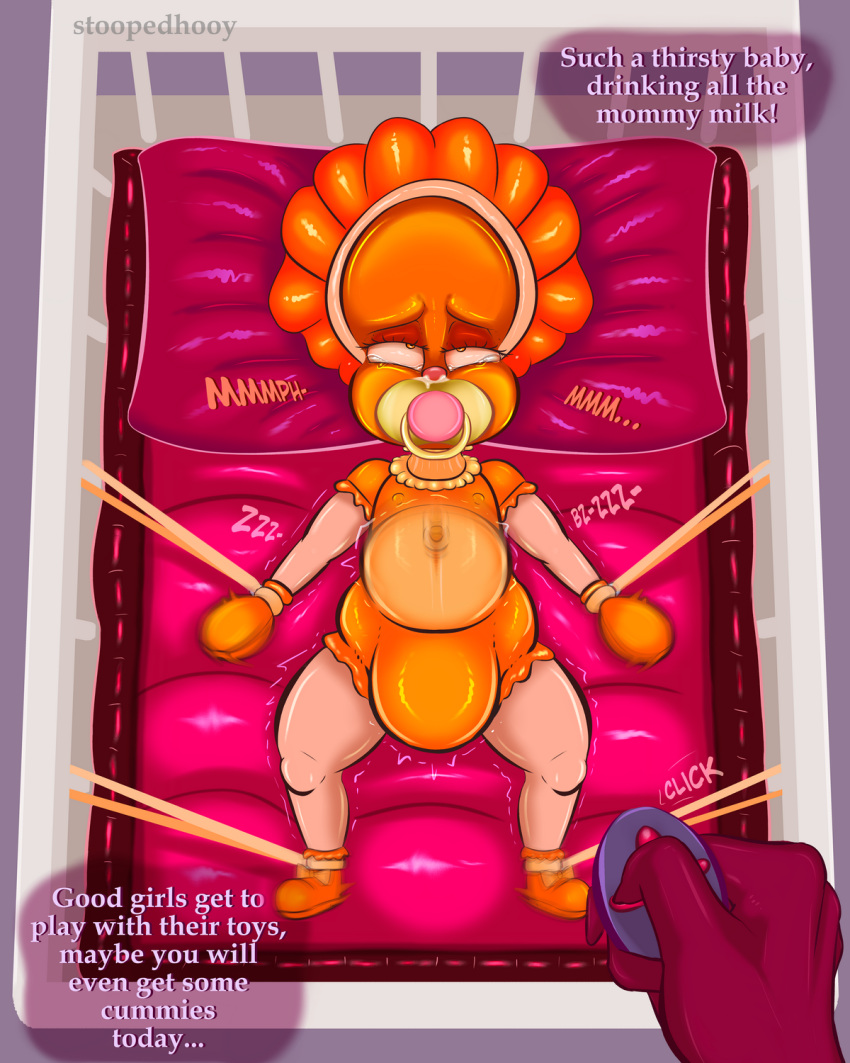 abdominal_bulge ahegao baby_bottle baby_talk babysitter bdsm bodily_fluids bondage bondage_gear bonnet bound clothing crying dialogue diaper disney duo ejaculation female female/female gag gummi_bears handwear headgear headwear hi_res infantilism latex latex_mask looking_pleasured mittens pacifier pacifier_gag pillow restrained rubber rubber_clothing rubber_suit shadow shakes_heartwood stoopedhooy sunni_gummi tears text