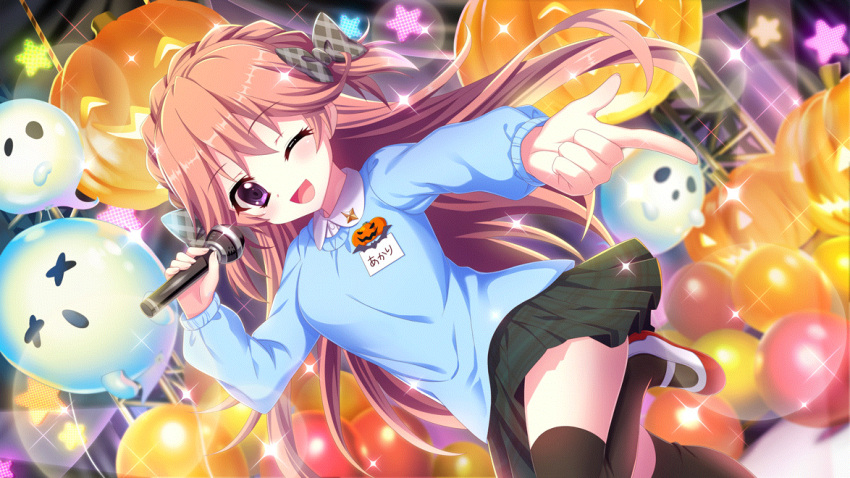 1girl balloon black_thighhighs bow braid breasts concert crown_braid dot_nose dutch_angle film_grain game_cg ghost haeno_akari hair_bow halloween holding holding_microphone izumi_tsubasu jack-o'-lantern kindergarten_uniform lens_flare long_hair long_sleeves looking_at_viewer medium_breasts microphone name_tag non-web_source official_art one_eye_closed open_mouth orange_hair plaid plaid_bow plaid_skirt pointing purple_eyes re:stage! red_footwear shoes skirt smile solo sparkle stage star_(symbol) thighhighs two_side_up x_x zettai_ryouiki