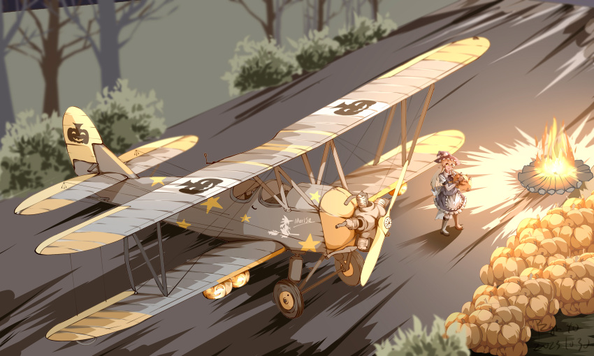 1girl absurdres aircraft airplane bare_tree biplane blonde_hair blurry blurry_background character_name chinese_commentary commentary_request dated fireplace halloween highres kirisame_marisa military_vehicle outdoors po-2 pzgr.40 signature solo star_(symbol) star_print touhou tree vehicle_focus wide_shot