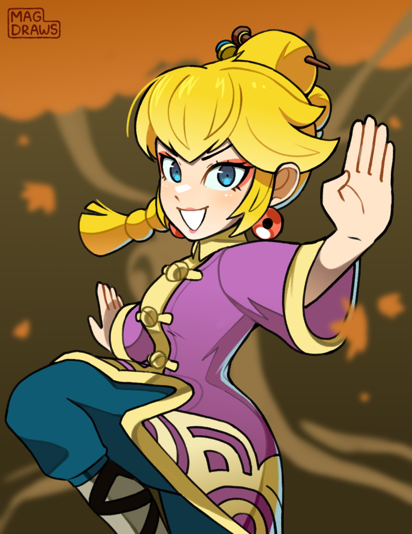 1girl blonde_hair blue_eyes braid braided_ponytail chinese_clothes dress earrings fighting_stance hair_ornament hair_stick highres jewelry kung_fu kung_fu_master_peach long_hair looking_at_viewer mag_(magdraws) mario_(series) martial_arts official_alternate_costume official_alternate_hairstyle open_mouth ponytail princess_peach princess_peach:_showtime! smile solo