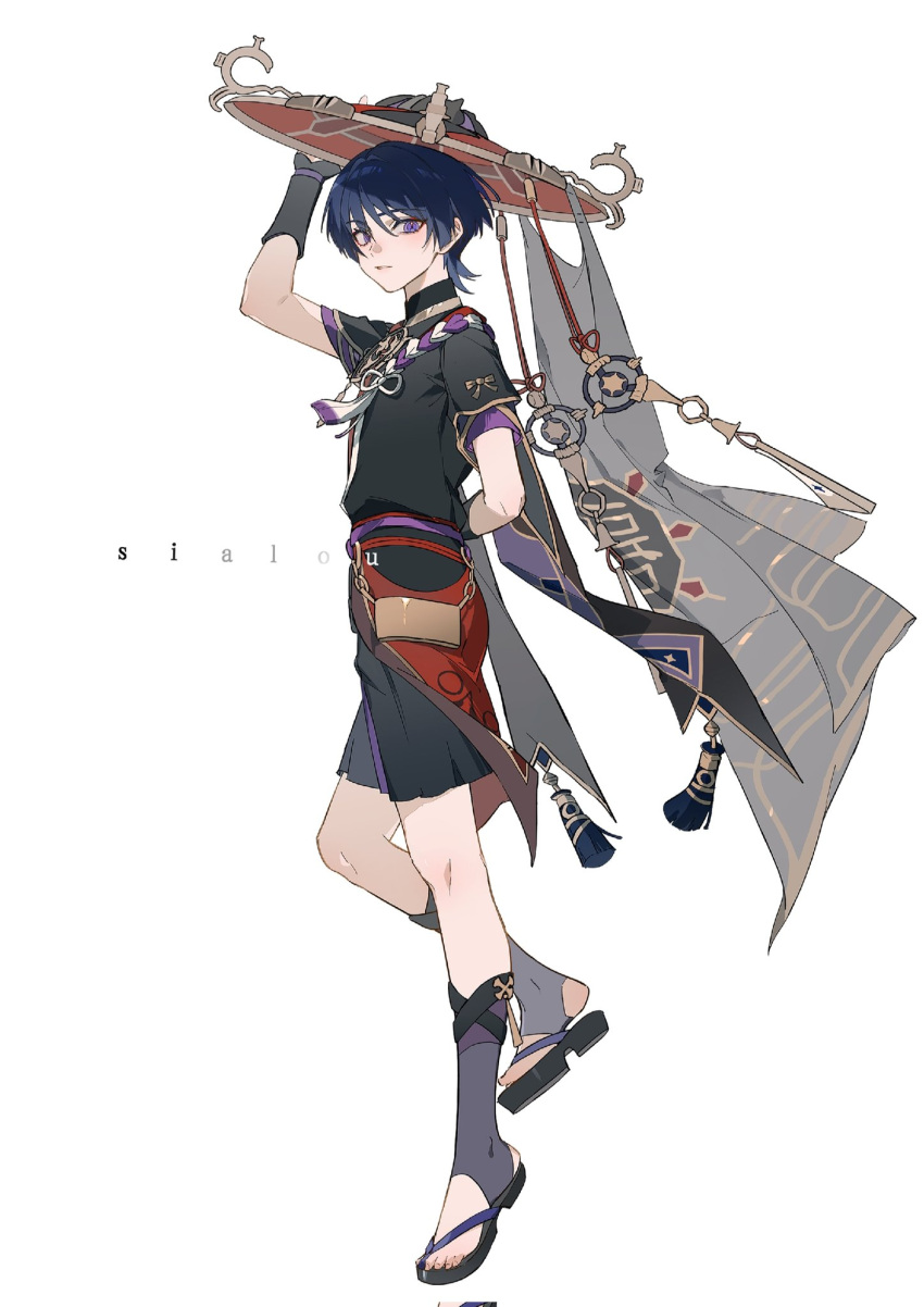 1boy bishounen full_body genshin_impact geta hat highres japanese_clothes jingasa looking_at_viewer male_focus purple_eyes purple_hair sandals scaramouche_(genshin_impact) short_hair shorts sialou simple_background solo white_background