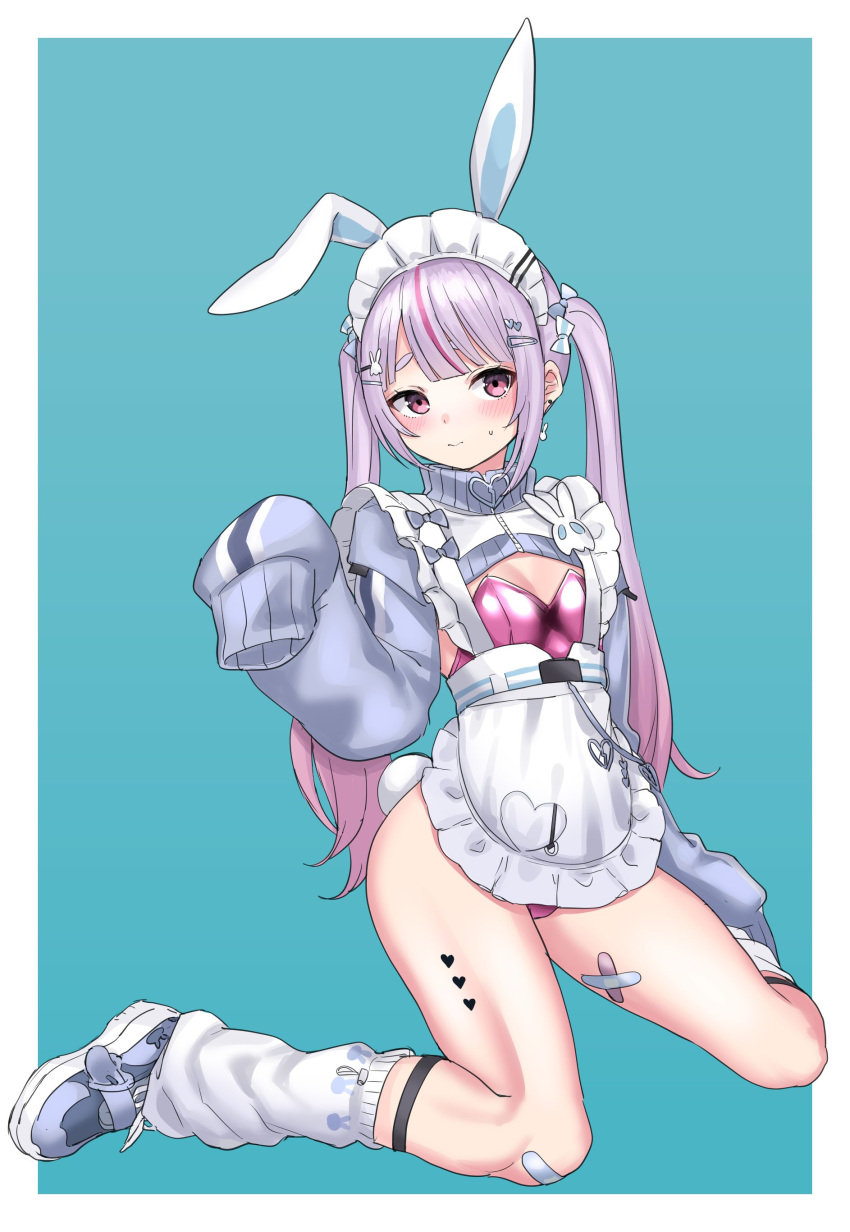 1girl absurdres akkgsyk alternate_costume animal_ears apron bandaid bandaid_on_knee bandaid_on_leg bandaid_on_thigh blush border breasts cleavage closed_mouth cropped_hoodie drop_earrings earrings edie_crop_hoodie fake_animal_ears grey_hair hair_ornament hairclip highleg highleg_leotard highres hood hoodie jewelry legs leotard long_hair long_legs long_sleeves looking_at_viewer loose_socks maid_apron maid_headdress meme_attire multicolored_hair multiple_piercings parted_bangs pink_hair pink_leotard playboy_bunny purple_eyes rabbit_earrings rabbit_ears rabbit_hair_ornament rabbit_tail shiny_clothes shoes simple_background sleeves_past_fingers sleeves_past_wrists small_breasts sneakers socks solo strapless strapless_leotard streaked_hair sweat tail thick_eyebrows thighs tosaki_mimi twintails unaligned_ears virtual_youtuber vspo! white_border white_leg_warmers