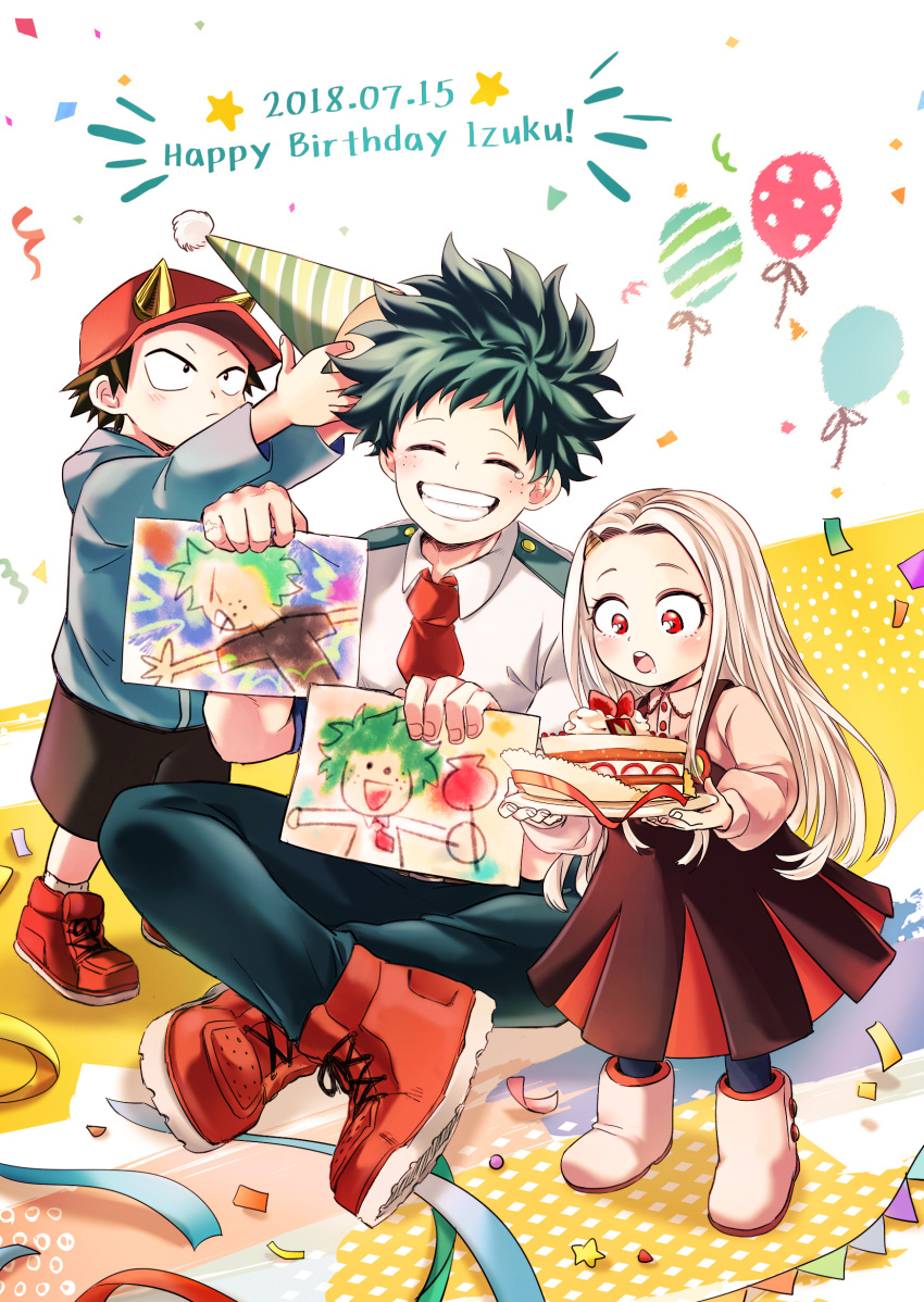&gt;:( 1girl 2boys :o ^_^ ankle_boots balloon baseball_cap birthday birthday_cake black_hair black_shorts blue_hoodie blue_pants blue_socks blush boku_no_hero_academia boots bright_pupils cake character_name child child's_drawing closed_eyes collared_shirt colored_shoe_soles confetti cross-laced_footwear crossed_ankles curly_hair diagonal-striped_headwear diamond_(shape) drawing dress dress_shirt drooling eri_(boku_no_hero_academia) facing_viewer fake_horns fingernails food freckles full_body green_hair grey_hair hands_up happy happy_birthday hat highres holding holding_clothes holding_drawing holding_hat holding_paper holding_plate hood hood_down hoodie horned_hat horned_headwear horns indian_style izumi_kouta long_hair long_sleeves looking_at_food looking_down looking_up midoriya_izuku mouth_drool multiple_boys necktie on_floor open_mouth outstretched_arms pac-man_eyes pants paper parted_bangs parted_hair party_hat pennant pinafore_dress plate puffy_long_sleeves puffy_sleeves red_eyes red_footwear red_necktie red_ribbon reiquil ribbon school_uniform shadow shirt shoes short_eyebrows short_hair short_sleeves shorts single_horn sitting sleeveless sleeveless_dress smile sneakers socks spiked_hair spoilers standing star_(symbol) strawberry_shortcake streamers string_of_flags summer_uniform tearing_up tears teeth timestamp u.a._school_uniform upper_teeth_only v-shaped_eyebrows white_footwear white_pupils white_shirt wing_collar yellow_horns