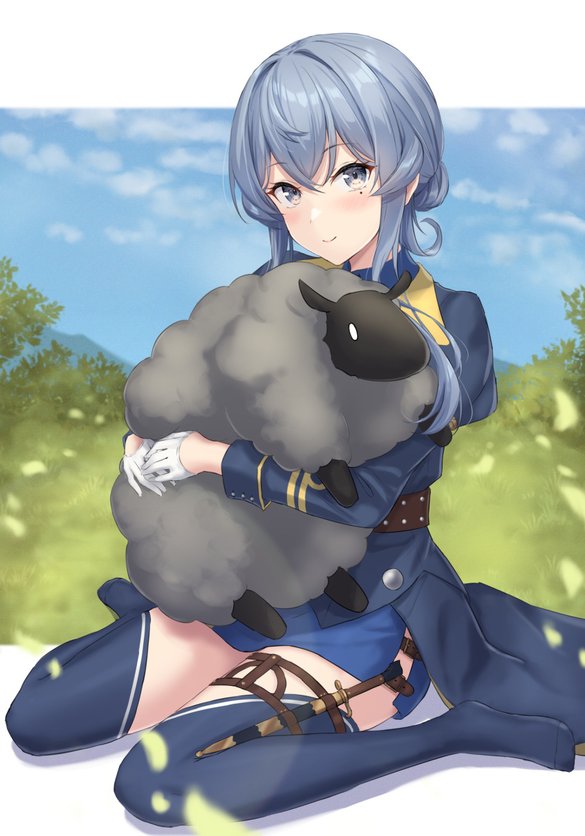1girl absurdres animal black_jacket black_thighhighs blue_eyes blue_hair blue_skirt closed_mouth gloves gotland_(kancolle) hair_between_eyes half_gloves highres jacket juliet_sleeves kantai_collection long_sleeves looking_at_viewer medium_hair mole mole_under_eye monoku puffy_sleeves sheep skirt smile solo thighhighs white_gloves