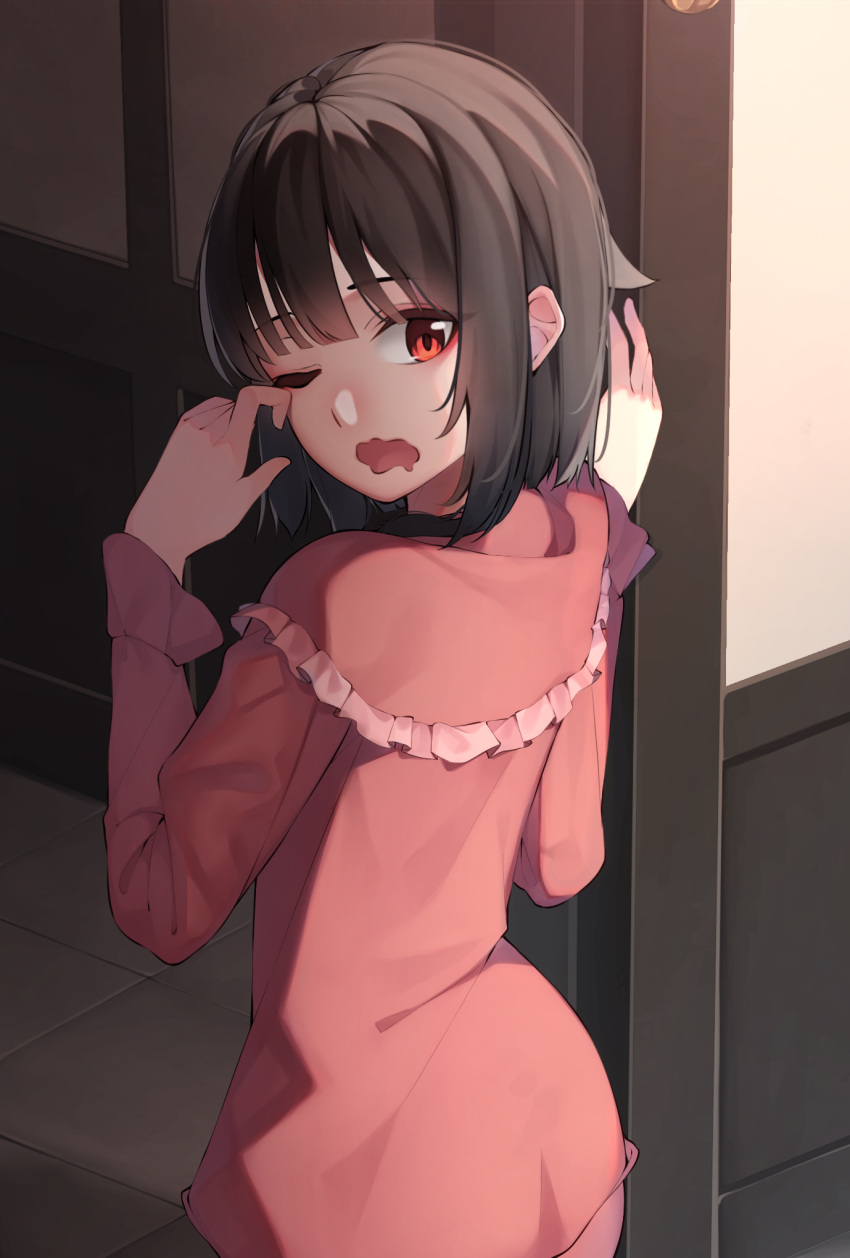 1girl blunt_bangs bob_cut brown_hair commentary frilled_pajamas hand_on_wall highres indoors kono_subarashii_sekai_ni_shukufuku_wo! long_sleeves looking_at_viewer looking_back megumin one_eye_closed pajamas pink_pajamas red_eyes rubbing_eyes sarasara_shoyu short_hair sleepy solo tile_floor tiles upper_body wainscoting wavy_mouth yawning