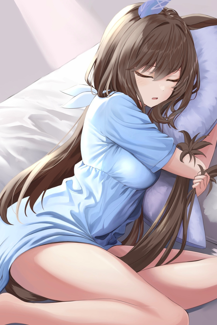 1girl admire_vega_(umamusume) animal_ears between_legs blue_dress bow breasts brown_hair closed_eyes commentary_request dot_nose dress hair_between_eyes hair_bow highres horse_ears horse_girl horse_tail hugging_object indoors long_hair low_ponytail lying medium_breasts on_bed on_side open_mouth pillow pillow_hug ryouta_(ryouta335) short_sleeves sleeping solo tail tail_between_legs thighs umamusume white_bow