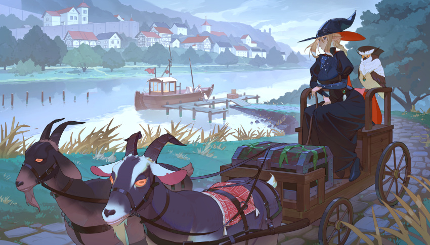 1girl 2others animal bird black_dress blonde_hair blue_eyes boat braid braided_ponytail building cloud cloudy_sky cobblestone commentary dress elf english_commentary expressionless goat grass hat highres jewelry multiple_others necklace original owl pier pointy_ears river scenery seaweed sitting sky timbougami treasure_chest tree watercraft witch_hat