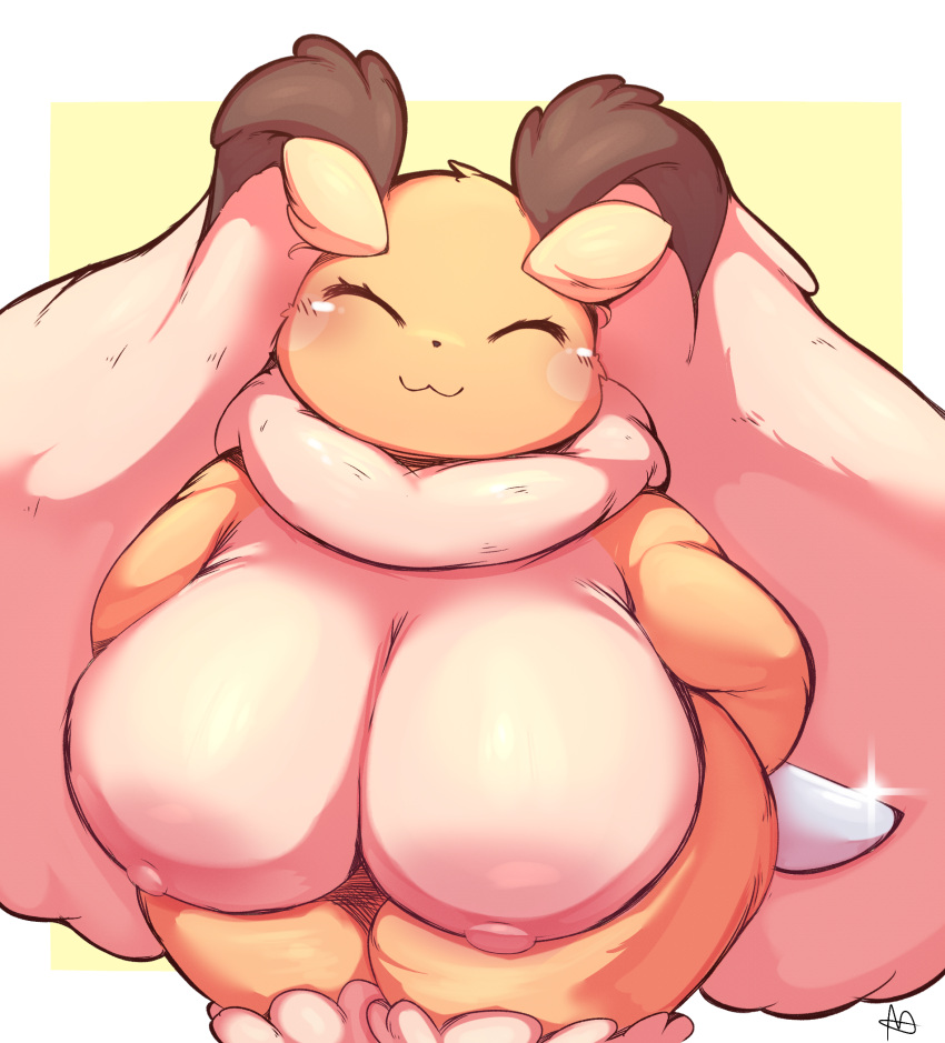 :3 ^_^ anthro areola big_areola big_breasts big_ears biped black_nose blush border breasts brown_body brown_ears brown_fur colored curvy_figure digital_media_(artwork) eyelashes eyes_closed female floppy_ears fluffy_ears front_view fur fusion generation_1_pokemon generation_4_pokemon glistening glistening_body glistening_breasts glistening_fur hands_behind_back hi_res holding_knife holding_object holding_weapon huge_breasts huge_ears hybrid knife lagomorph leaning leaning_forward leg_tuft lightmizano long_ears lopunny mammal multi_tone_fur multicolored_body multicolored_ears multicolored_fur neck_tuft nintendo nipples nude overweight overweight_anthro overweight_female pink_areola pink_nipples pokemon pokemon_(species) pokemon_fusion portrait raichu raipunny_(mope7) shaded short_stack signature simple_background smile solo standing tan_body tan_ears tan_fur thick_thighs three-quarter_portrait tuft two_tone_ears voluptuous weapon white_border wide_hips yellow_background yellow_body yellow_fur