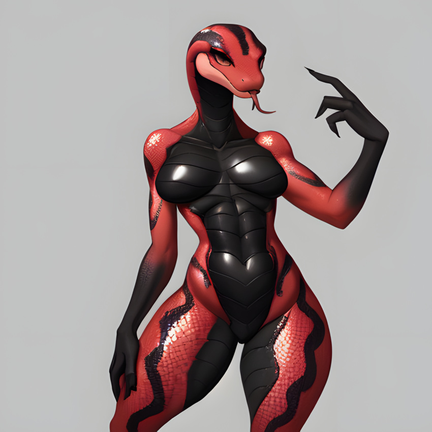 anthro black_body black_scales black_stripes blep breasts claws curves female finger_claws hi_res python python_humanoid red_body red_scales reptile scales scalie snake solo stripes thighs toe_claws tongue tongue_out wide_hips