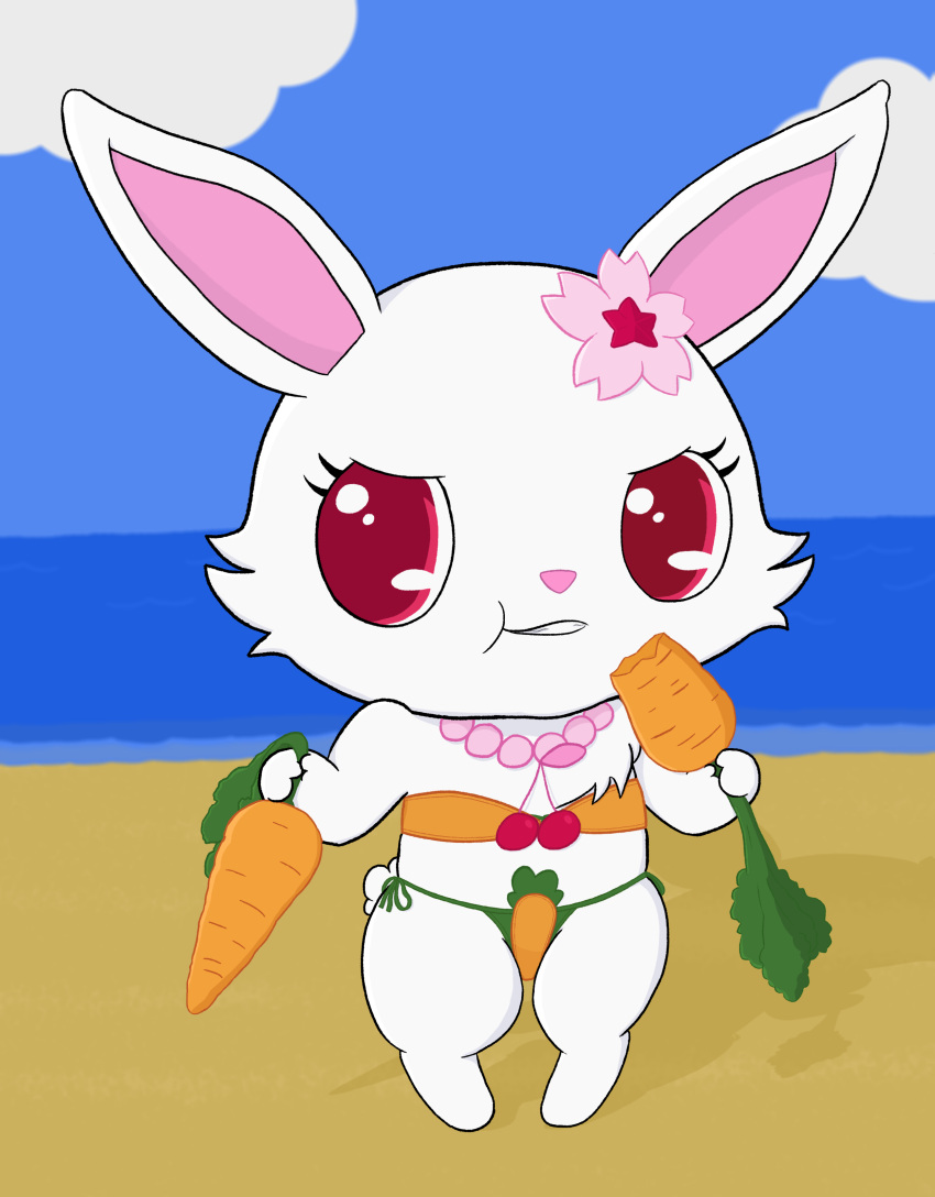 absurd_res accessory anthro beach bikini carrot cherry cherry_blossom clothing eating eyelashes female food fruit fur hare hi_res holding_carrot holding_food holding_object holding_vegetable japanese_hare jewelpet jewelry lagomorph leporid mammal masterlinkx necklace plant rabbit red_eyes ruby_(jewelpet) sanrio scut_tail seaside sega sega_toys short_tail smug solo swimwear tail vegetable white_body white_fur