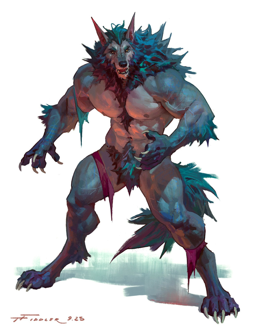 2023 abs anthro arm_tuft biceps body_hair canid canine chest_tuft clothing crotch_tuft digital_media_(artwork) digitigrade elbow_tuft eyebrows fur happy_trail hi_res looking_at_viewer male mammal mane muscular muscular_anthro muscular_male muscular_thighs navel nipples nude pecs quads simple_background solo tail taran_fiddler thick_thighs torn_clothing tuft vein veiny_muscles were werecanid werecanine werewolf whiskers white_background