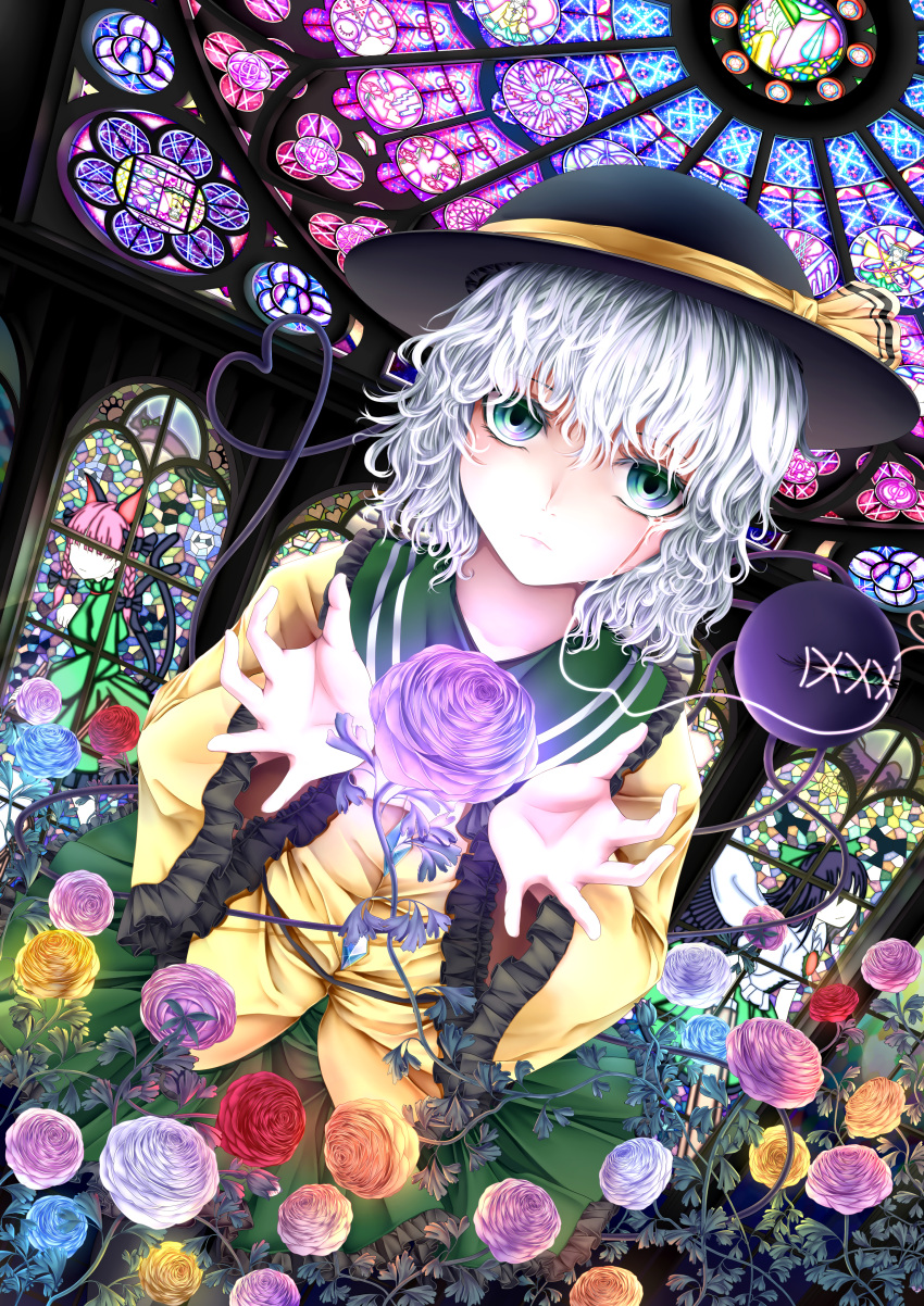 1girl absurdres bird_wings blue_flower bow cat_tail ceiling closed_mouth commentary_request crying danmaku dutch_angle feathered_wings flower frilled_shirt_collar frilled_sleeves frills green_bow green_skirt grey_eyes grey_flower grey_hair hair_between_eyes hand_up hands_up hat heart heart_of_string highres indoors kaenbyou_rin kaenbyou_rin_(cat) komeiji_koishi light_frown long_sleeves looking_at_viewer medium_hair multiple_tails nekomata nostrils paw_pose paw_print petticoat plant purple_flower radiation_symbol ranunculus red_flower reiuji_utsuho shirt skirt skylight solo stained_glass stitches streaming_tears tail tears third_eye touhou two_tails umeya_(refutye) vines wavy_hair wide_sleeves window wings yellow_shirt