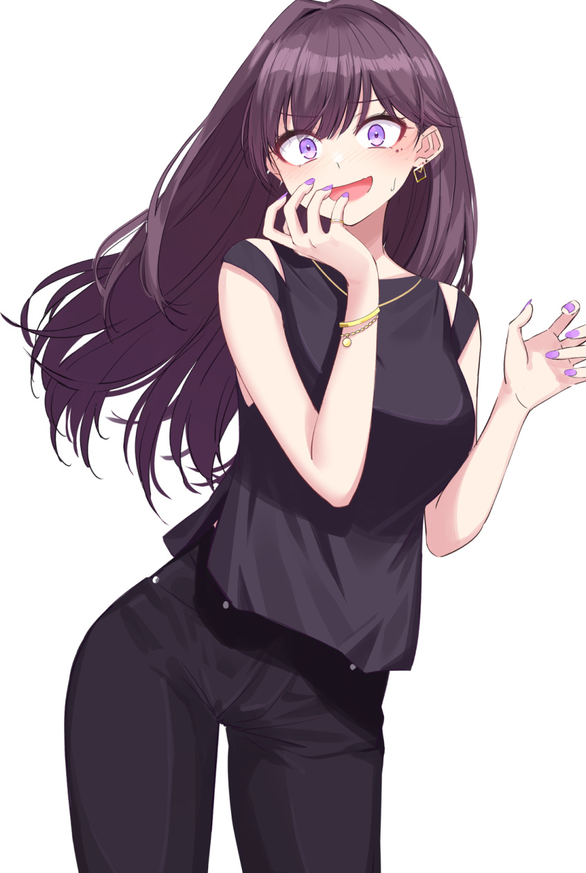 1girl black_pants black_shirt blush earrings highres ichiki_1 jewelry long_hair looking_at_viewer mole mole_under_eye original pants purple_eyes purple_hair purple_nails shirt single_earring sleeveless smile solo surprised sweatdrop