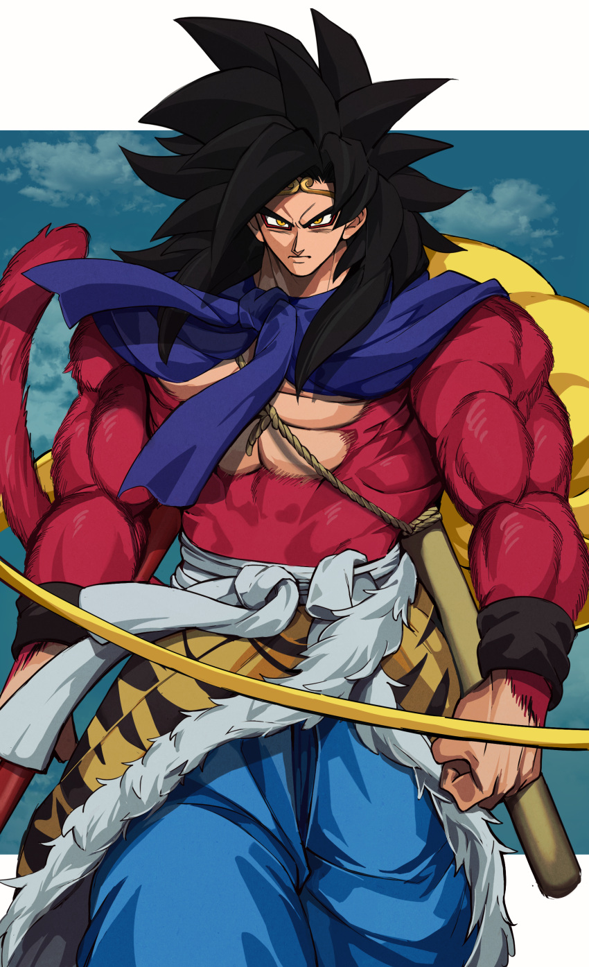 1boy absurdres biceps black_hair black_wristband body_fur chinese_clothes circlet cosplay dragon_ball dragon_ball_gt gigatan_d highres journey_to_the_west long_hair looking_at_viewer male_focus monkey_boy monkey_tail muscular muscular_male no_nipples nyoibo pants pectorals red_fur saiyan solo son_goku spiked_hair staff sun_wukong sun_wukong_(cosplay) super_saiyan super_saiyan_4 tail