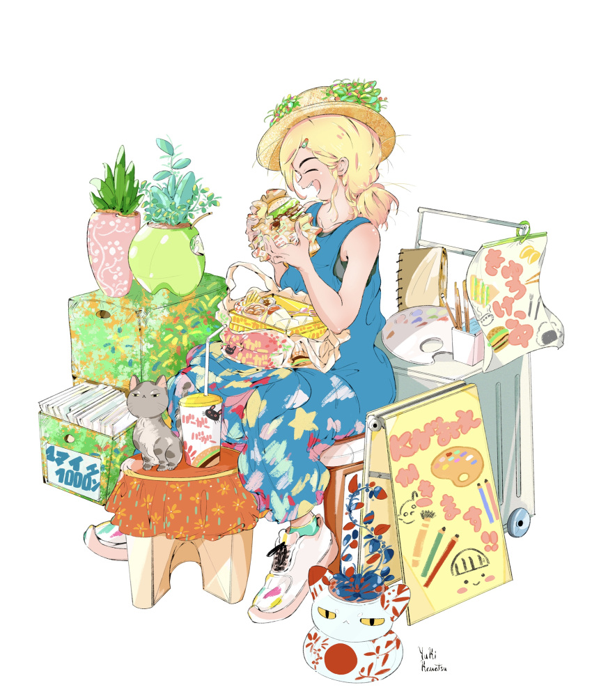 1girl absurdres bendy_straw blonde_hair blue_dress burger cup dress drinking_straw food grey_cat highres holding holding_food kawatsu_yuuki medium_hair open_mouth original palette_(object) plant potted_plant profile shoes simple_background sleeveless sleeveless_dress smile solo twitter_username white_background white_footwear yellow_headwear