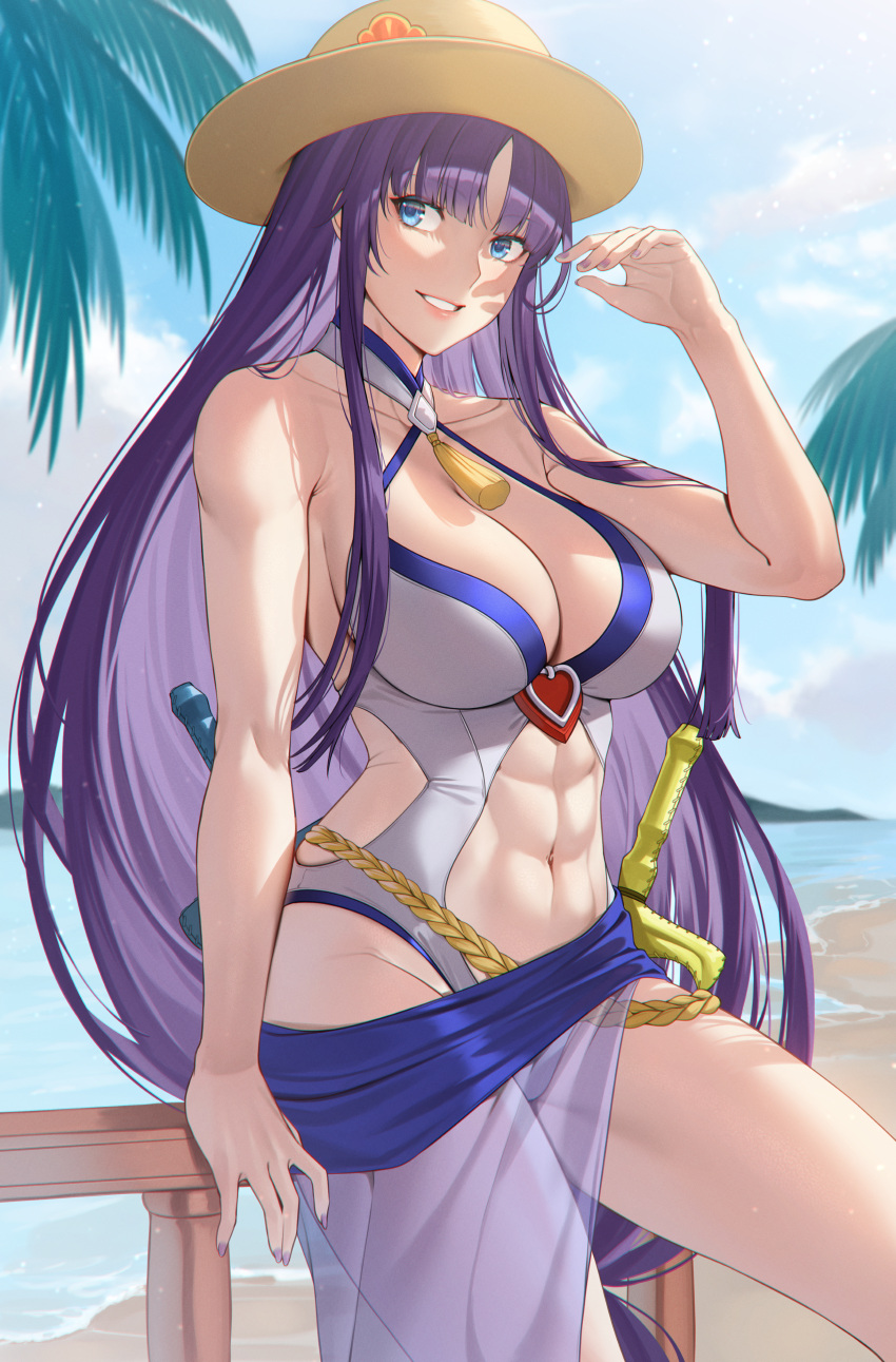 1girl abs absurdres altina_(fire_emblem) beach blue_eyes breasts clothing_cutout covering_own_eyes criss-cross_halter day deras fire_emblem fire_emblem:_radiant_dawn fire_emblem_heroes grey_one-piece_swimsuit grin halterneck hat highres large_breasts long_hair looking_at_viewer navel navel_cutout neck_tassel official_alternate_costume one-piece_swimsuit purple_hair purple_sarong railing sarong see-through see-through_sarong sitting smile solo straw_hat swimsuit sword teeth very_long_hair weapon white_swimsuit