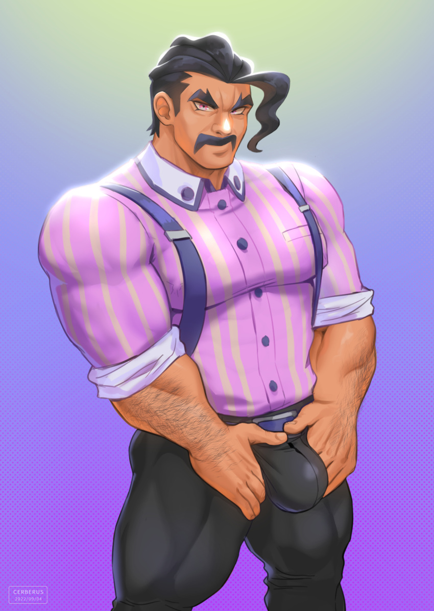 1boy arm_hair bara black_hair bulge cerberus_arts collared_shirt crotch_grab dark-skinned_male dark_skin facial_hair feet_out_of_frame highres large_pectorals male_focus mature_male muscular muscular_male mustache pants pectorals pink_shirt pokemon pokemon_(game) pokemon_sv saguaro_(pokemon) shirt short_hair sideburns sleeves_rolled_up smile solo standing suspenders thick_eyebrows thighs tight tight_pants