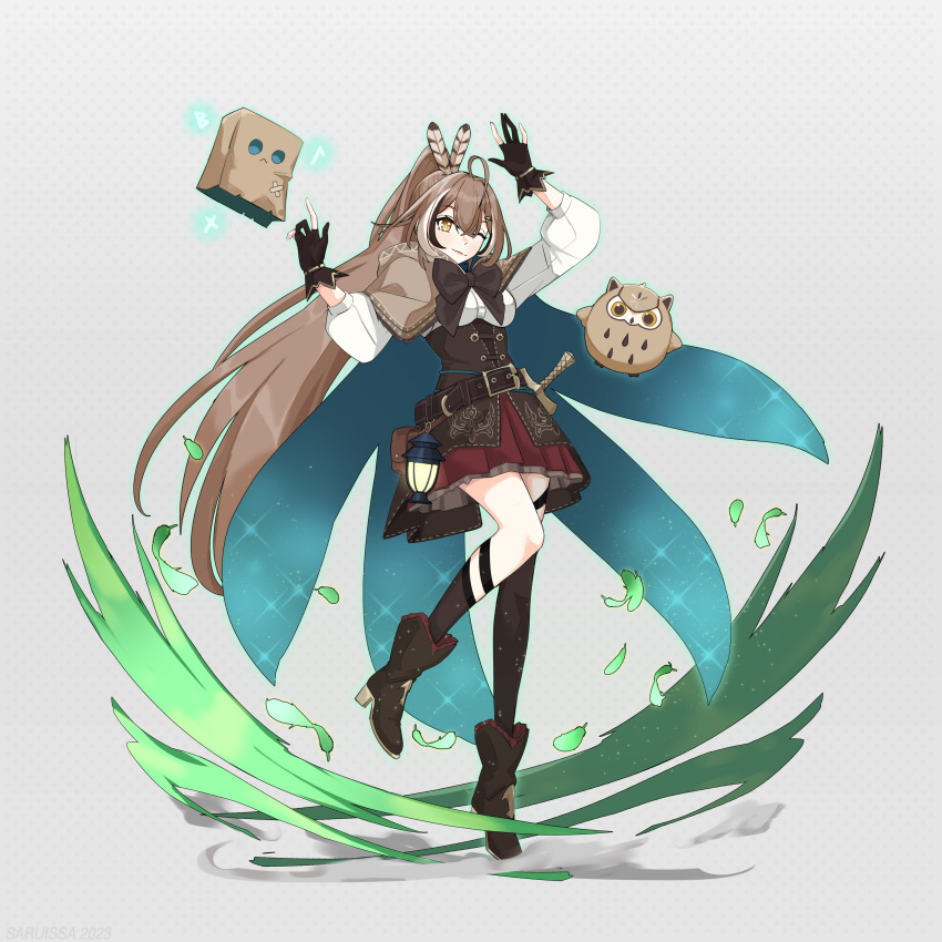 1girl absurdres ahoge bird black_gloves brown_capelet brown_cloak brown_corset brown_eyes brown_hair capelet cloak corset falling_leaves feather_hair_ornament feathers friend_(nanashi_mumei) gloves hair_ornament hairclip hieroglyphics highres holocouncil hololive hololive_english hootsie_(nanashi_mumei) knee_strap leaf long_hair multicolored_hair nanashi_mumei nanashi_mumei_(1st_costume) owl ponytail red_shawl runes saruissaart shawl sidelocks simple_background skirt solo streaked_hair very_long_hair virtual_youtuber