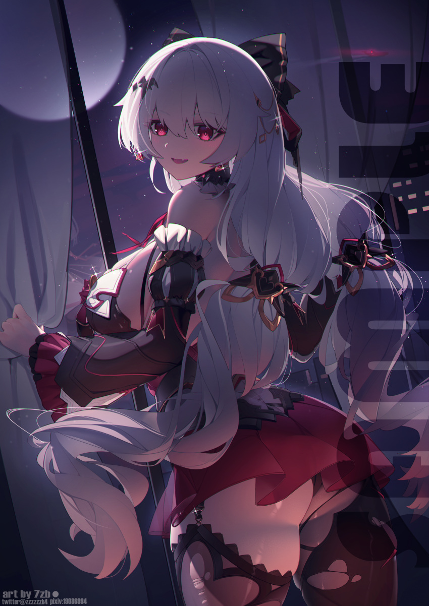 1girl :d absurdres artist_name ass black_bow black_dress black_panties black_sleeves black_thighhighs bow breasts cowboy_shot dress earrings fang frilled_sleeves frills hair_bow hair_ornament highres honkai_(series) honkai_impact_3rd jewelry large_breasts long_hair looking_at_viewer looking_back luna_(honkai_impact) moon night night_sky panties red_eyes sample_watermark skin_fang sky smile solo star_(sky) starry_sky theresa_apocalypse theresa_apocalypse_(lunar_vow:_crimson_love) thighhighs thong twitter_username underwear very_long_hair watermark white_hair zhan_bu