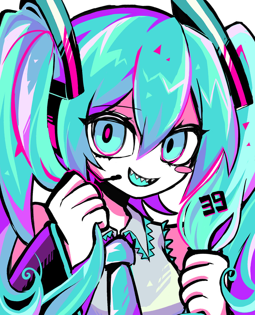 1girl aqua_eyes aqua_hair aqua_necktie bare_shoulders birthday blush_stickers commentary detached_sleeves english_commentary fwfwfwrni grabbing_own_hair hair_between_eyes hair_ornament hatsune_miku headset highres long_hair looking_at_viewer necktie open_mouth sharp_teeth shirt sleeveless sleeveless_shirt smile solo teeth twintails upper_body vocaloid