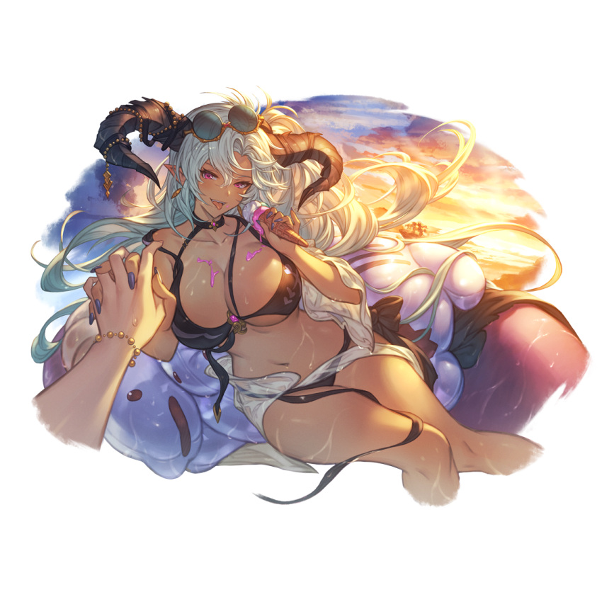 2girls alpha_transparency breasts cleavage dark-skinned_female dark_skin djeeta_(granblue_fantasy) draph eyewear_on_head fediel_(granblue_fantasy) granblue_fantasy hair_between_eyes horns large_breasts long_hair looking_at_viewer minaba_hideo multiple_girls navel official_art purple_eyes purple_nails smile solo_focus sunglasses transparent_background very_long_hair