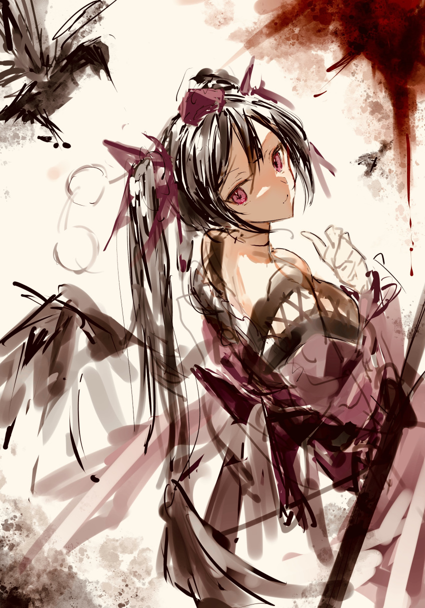 1girl absurdres bird black_hair closed_mouth commentary crow hat highres himekaidou_hatate kourindou_tengu_costume long_hair looking_at_viewer official_alternate_costume po_(anhk5528) pom_pom_(clothes) purple_eyes purple_headwear tokin_hat touhou twintails wings