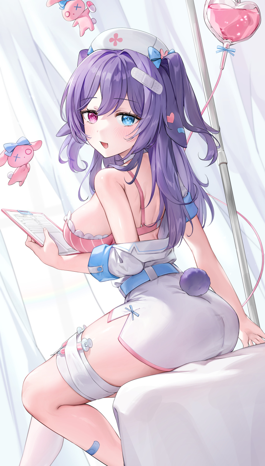 1girl absurdres ambi_(vtuber) animal_ears bandaged_leg bandages bandaid bandaid_hair_ornament bandaid_on_leg bare_shoulders blue_eyes blush bra breasts choker commentary commission dress english_commentary floppy_ears from_behind hat heart heterochromia highres holding indie_virtual_youtuber intravenous_drip large_breasts long_hair looking_at_viewer looking_back lop_rabbit_ears mixed-language_commentary murabana44 nurse nurse_cap off_shoulder open_mouth pink_bra pink_eyes purple_hair rabbit_ears rabbit_girl rabbit_tail short_dress side_slit sideboob sidelocks sitting smile solo striped striped_bra syringe tail thighs underwear virtual_youtuber white_choker white_dress