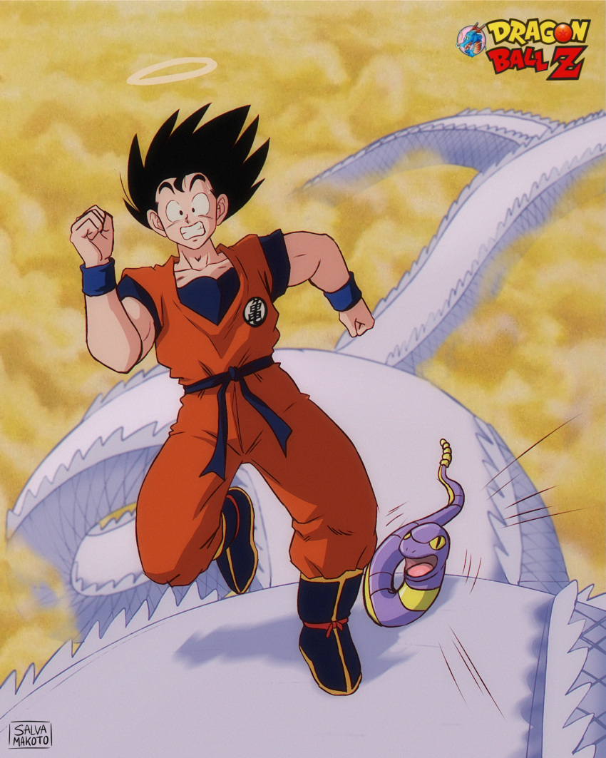 1boy absurdres black_eyes black_hair boots clenched_teeth cloud commentary_request copyright_name crossover dougi dragon_ball dragon_ball_z ekans halo highres logo male_focus pokemon pokemon_(creature) running salvamakoto signature snake_way son_goku spanish_commentary teeth wristband