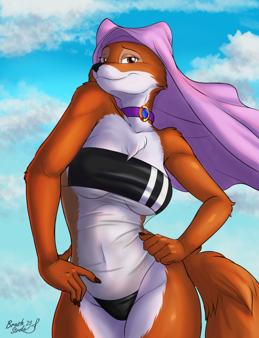 2023 5_fingers anthro areola breasts brushstroke canid canine clothing cloud digital_media_(artwork) disney female fingers fox gris_swimsuit hi_res lidded_eyes maid_marian mammal meme meme_clothing navel nipples one-piece_swimsuit outside robin_hood_(disney) signature sky smile solo swimwear translucent translucent_clothing translucent_swimwear under_boob