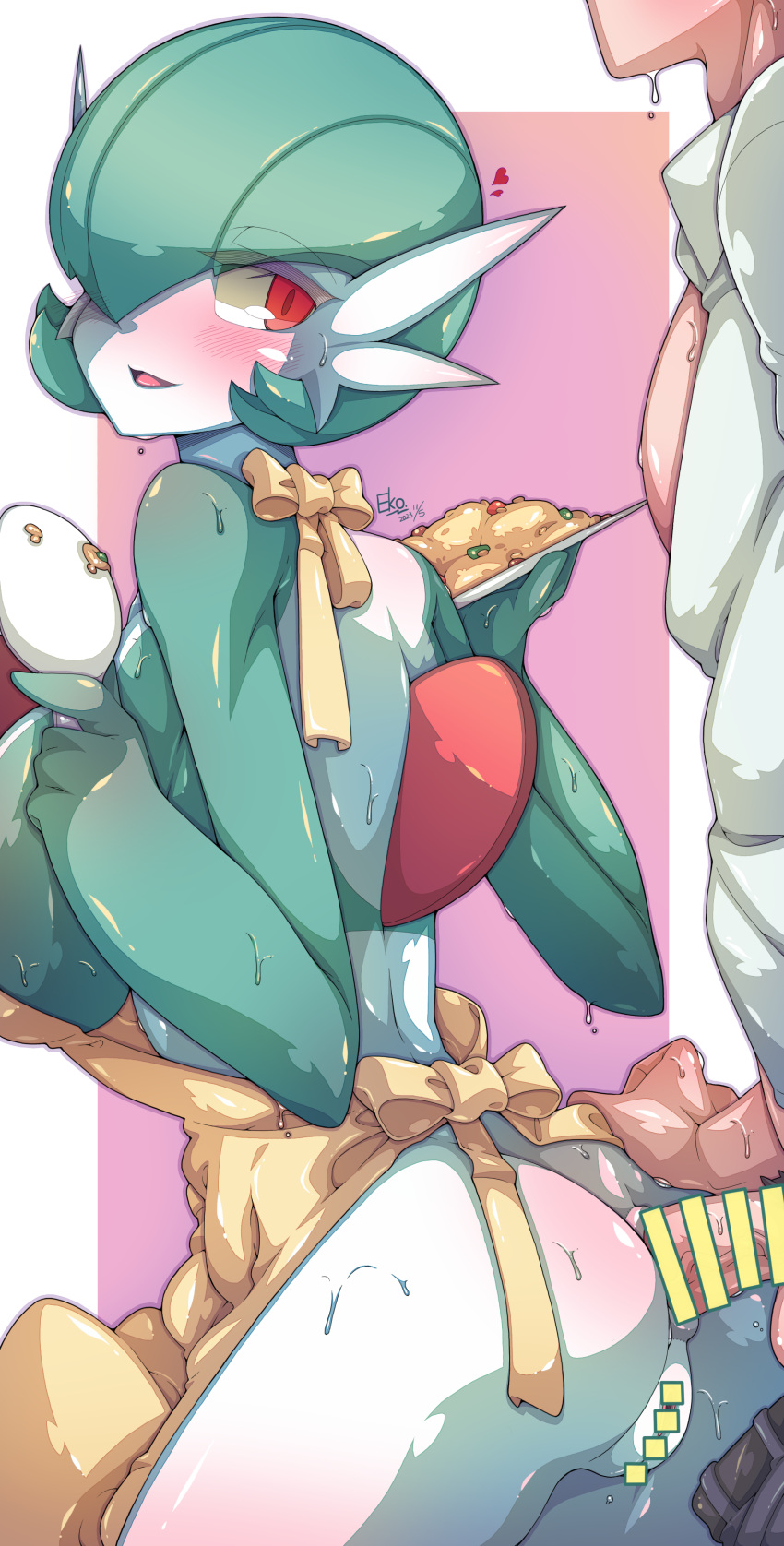 1boy 1girl absurdres anal anus apron artist_name ass back back_bow bar_censor blush bob_cut border bow breasts censored clitoris colored_skin commentary cowboy_shot erection falco_arrow food fried_rice from_behind gardevoir green_hair green_skin hair_over_one_eye half-closed_eyes hands_up happy heart hetero highres holding holding_food holding_ladle holding_plate ladle large_breasts leaning_forward looking_at_another looking_back multicolored_skin naked_apron nose_blush one_eye_covered open_mouth outside_border penis pink_background plate pokemon pokemon_(creature) purple_outline pussy red_eyes sex shirt short_hair signature smile solo_focus standing sweat testicles thighs tongue transparent_censoring two-tone_skin veins veiny_penis white_border white_shirt white_skin yellow_bow yellow_skin