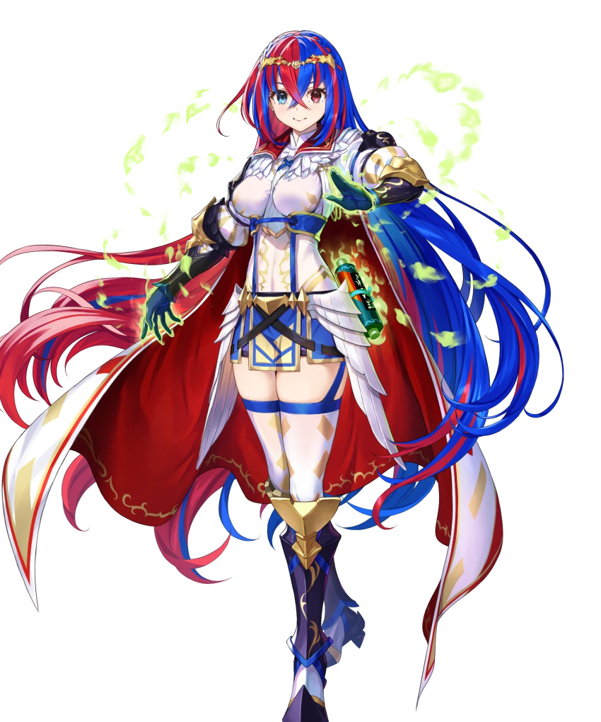 1girl alear_(female)_(fire_emblem) alear_(fire_emblem) armor armored_boots blue_eyes blue_hair boots breasts cape elbow_pads fire_emblem fire_emblem_engage fire_emblem_heroes full_body gauntlets gloves gold_trim heterochromia highres jewelry knee_boots kousei_horiguchi long_sleeves medium_breasts multicolored_hair non-web_source official_art pale_skin pelvic_curtain puffy_sleeves red_eyes red_hair scroll skirt solo thighhighs tiara zettai_ryouiki