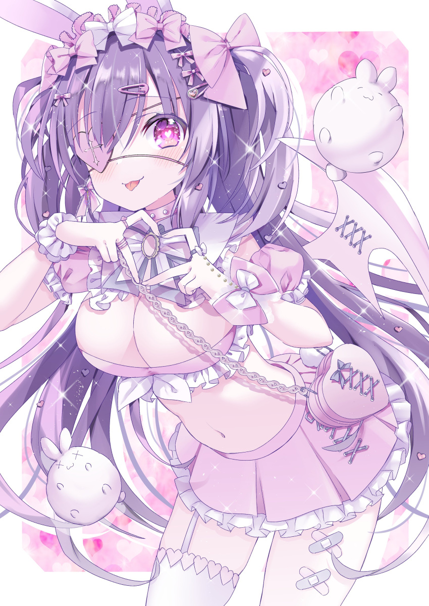 1girl absurdres animal_ears bag bandaid_on_thigh bow breasts choker cleavage eyepatch frilled_skirt frills hair_bow hair_ornament hair_over_one_eye hairclip heart heart-shaped_bag heart_eyepatch heart_hands highres hinao_(3) large_breasts long_hair multiple_hair_bows original pink_bow pink_choker pink_eyes pink_skirt pink_wings pleated_skirt purple_hair rabbit_ears shoulder_bag single_thighhigh skirt solo thighhighs tongue tongue_out two_side_up very_long_hair white_thighhighs wings