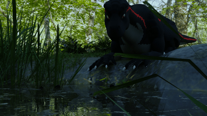 16:9 4_fingers allosaurid allosaurus blazerwolfy claws dinosaur fan_character feral fern fingers fish hi_res lake leaf lying male marine on_front plant reptile scalie solo striped_body stripes theropod tree water widescreen