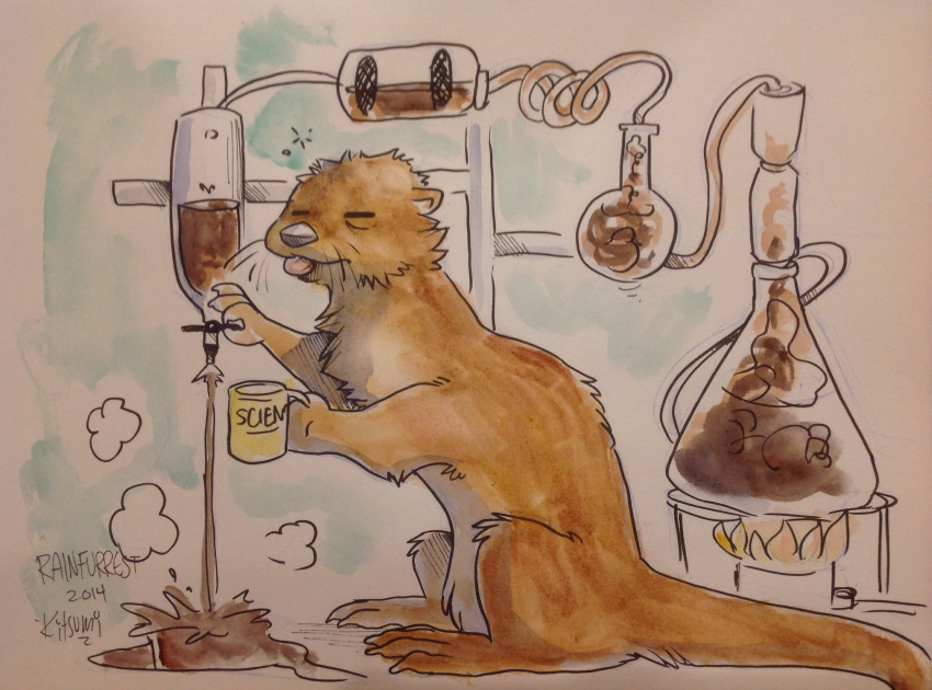 2014 ambiguous_gender anthro beaker beverage blep brown_body brown_fur coffee coffee_mug container cup english_text eyes_closed fur hi_res holding_container holding_cup holding_object kitsumi laboratory_equipment laboratory_glassware mammal mug mustelid otter scientific_instrument sitting solo text tired tongue tongue_out