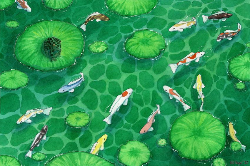 artist_name dated day fish frog from_above highres koi lily_pad no_humans original outdoors painting_(medium) scenery traditional_media water watercolor_(medium) wilvogel