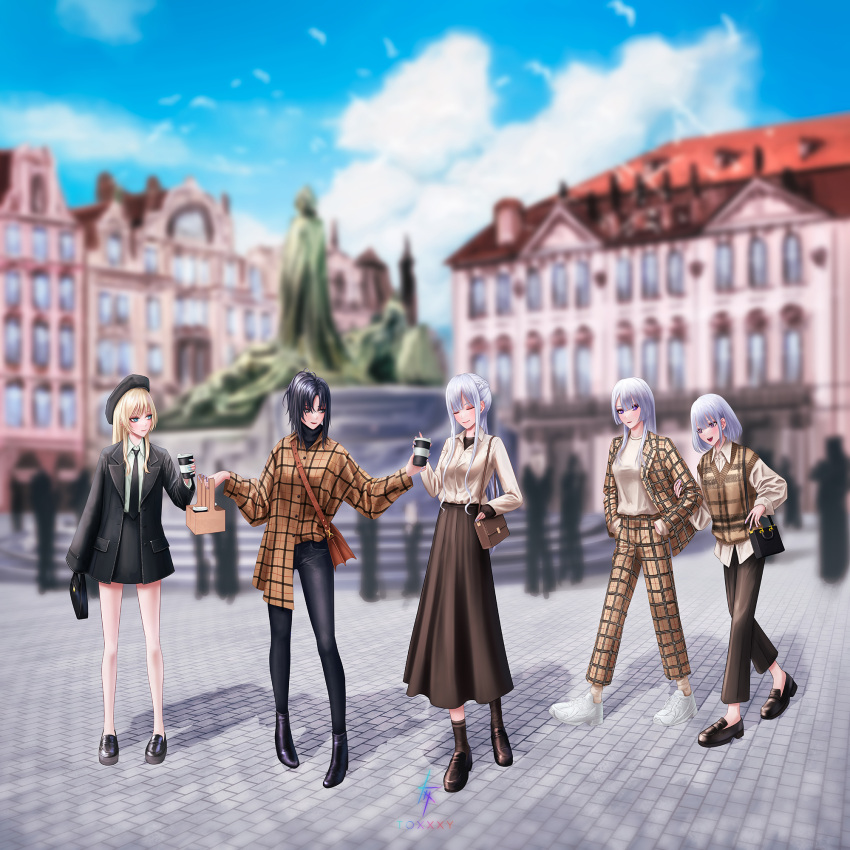 5girls ak-12_(girls'_frontline) ak-15_(girls'_frontline) alternate_costume an-94_(girls'_frontline) angelia_(girls'_frontline) aqua_eyes aqua_nails artist_name bag beret black_bag black_eyes black_footwear black_hair black_jacket black_necktie black_skirt blonde_hair blurry blurry_background blush braid breasts brown_bag brown_footwear brown_pants brown_skirt casual closed_eyes closed_mouth coffee_cup cup defy_(girls'_frontline) denim dindsau disposable_cup french_braid full_body girls'_frontline hair_ornament hat highres holding holding_cup jacket jeans long_hair long_skirt long_sleeves medium_breasts medium_hair multiple_girls nail_polish necktie open_mouth orange_bag pants plaid plaid_jacket plaid_pants plaid_shirt plaid_vest purple_eyes purple_nails rpk-16_(girls'_frontline) shirt shoes shoulder_bag sidelocks skirt smile socks standing turtleneck vest white_footwear white_hair white_shirt