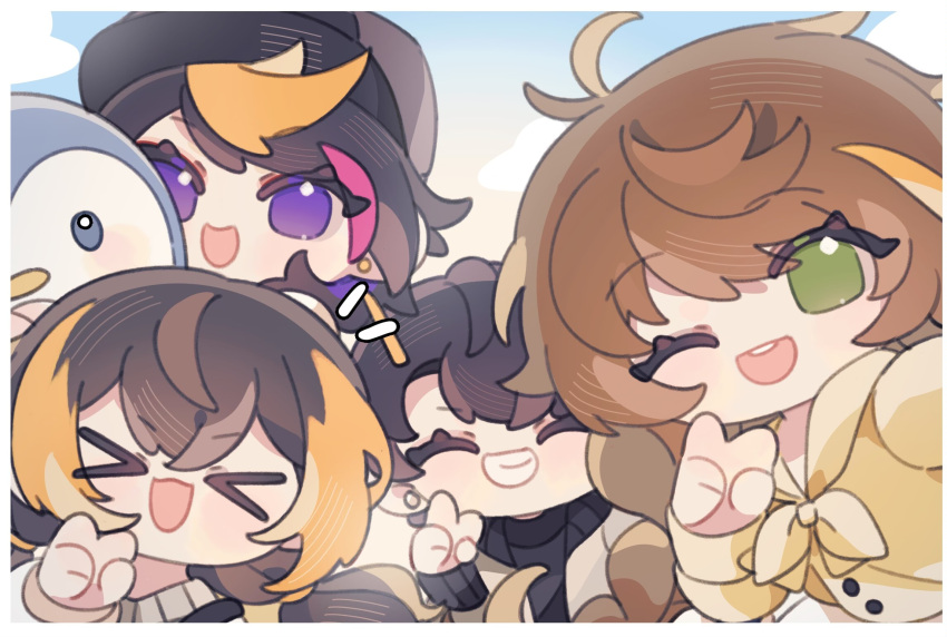 &gt;_&lt; 2boys 2girls ahoge amicia_michella bird black_hair blonde_hair brown_hair chibi closed_mouth green_eyes highres multicolored_hair multiple_boys multiple_girls nijisanji nijisanji_en nijisanji_id one_eye_closed open_mouth penguin petra_gurin purple_eyes reza_avanluna short_hair shu_yamino smile streaked_hair tagme yuyu_(yubuchimao)