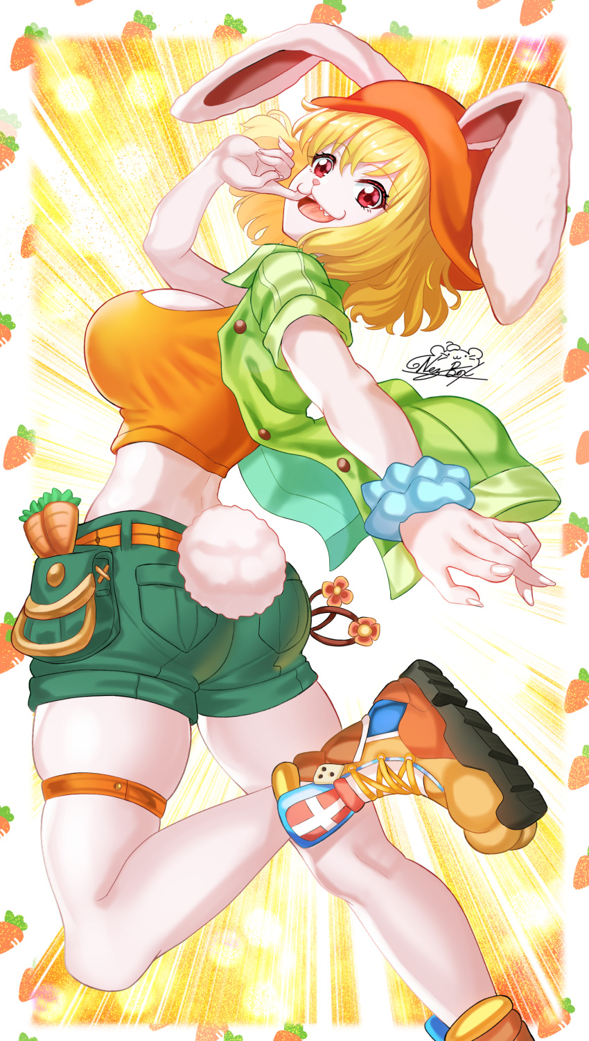 1girl absurdres ass blue_scrunchie breasts carrot carrot_(one_piece) commentary_request crop_top emphasis_lines eyelashes fangs green_shirt green_shorts highres large_breasts multicolored_footwear nez-box one_piece open_clothes open_mouth open_shirt orange_headwear orange_shirt rabbit_girl red_eyes scrunchie shirt shoes short_shorts shorts signature solo wrist_scrunchie
