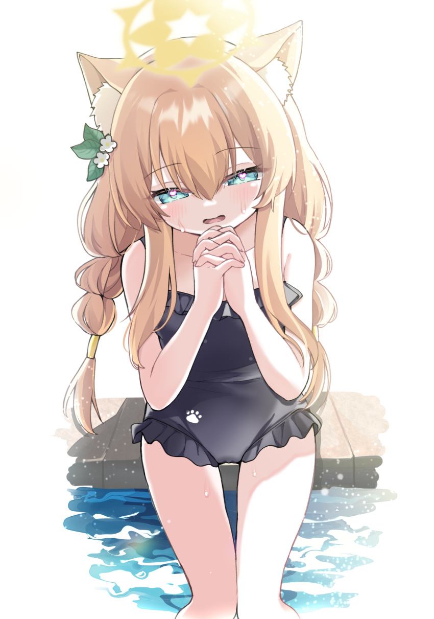 1girl absurdres animal_ear_fluff animal_ears black_one-piece_swimsuit blue_archive blue_eyes blush braid breasts casual_one-piece_swimsuit commentary_request flower fox_ears fox_girl frilled_one-piece_swimsuit frills hair_between_eyes hair_flower hair_ornament hair_tubes halo heart heart_in_eye highres interlocked_fingers long_hair looking_at_viewer mari_(blue_archive) mari_(swimsuit)_(blue_archive) ni_kiro official_alternate_costume one-piece_swimsuit open_mouth orange_hair own_hands_clasped own_hands_together paw_print side_braid sidelocks single_braid sitting small_breasts soaking_feet solo sweat swimsuit symbol_in_eye yellow_halo