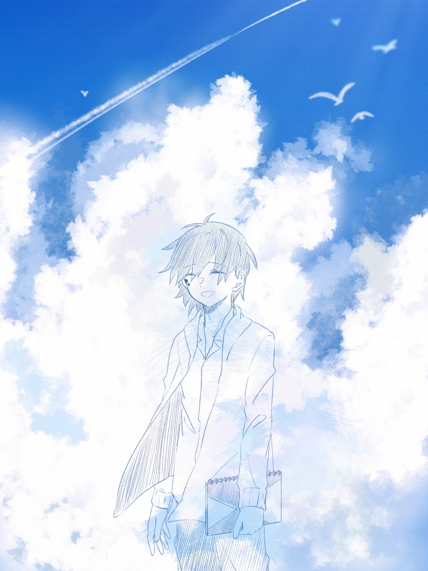 1boy blue_sky cloud cloud_focus collared_shirt commentary_request contrail cowboy_shot day eyes_visible_through_hair facial_mark facing_viewer hair_between_eyes hatching_(texture) highres holding holding_sketchbook jacket kagerou_project kokonose_haruka koyon limited_palette linear_hatching long_sleeves male_focus open_clothes open_collar open_jacket open_mouth outdoors pants partial_commentary shirt short_hair simple_bird sketchbook sky smile solo