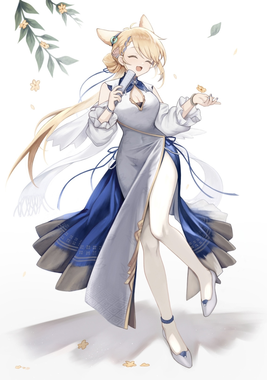 1girl :d ^_^ animal_ears arknights blonde_hair blush braid braided_bangs breasts cleavage cleavage_cutout closed_eyes clothing_cutout commentary_request detached_sleeves dress full_body gradient_background grey_background high_heels highres kroos_(arknights) kroos_the_keen_glint_(arknights) long_hair long_sleeves medium_breasts pantyhose puffy_long_sleeves puffy_sleeves riku_(kanitotora) shadow shoes sleeveless sleeveless_dress smile solo standing standing_on_one_leg very_long_hair white_background white_dress white_footwear white_pantyhose white_sleeves