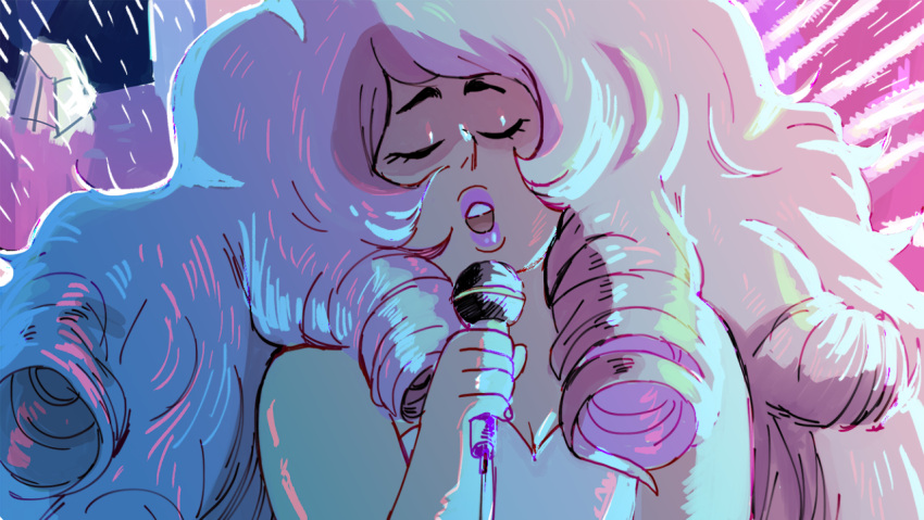 1girl curly_hair dress long_hair microphone music open_mouth pink_hair plump rose_quartz_universe sidelocks singing solo steven_universe upper_body very_long_hair vi-6w6 white_dress