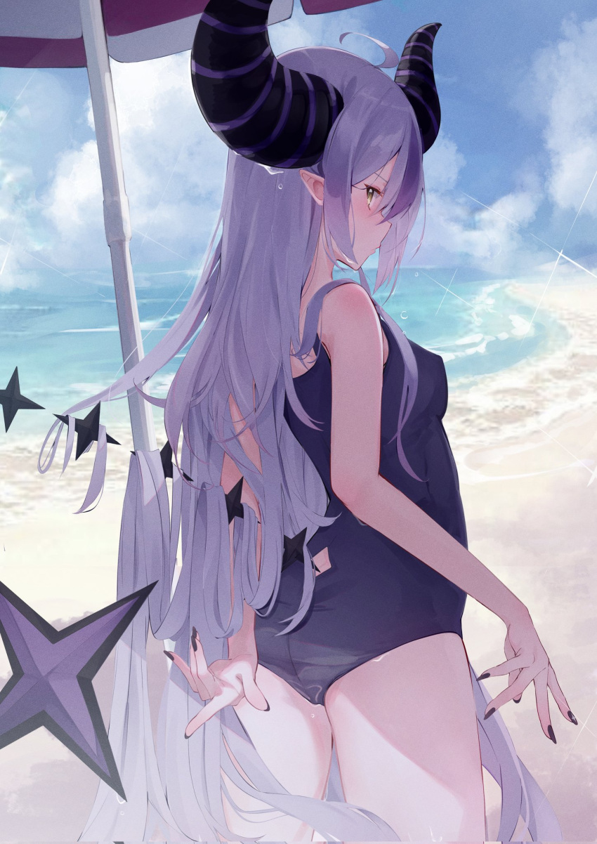 1girl bare_shoulders black_horns braid braided_bangs corrupted_twitter_file demon_horns highres hololive holox horns la+_darknesss long_hair motoi_(croa76) multicolored_hair nail_polish ocean one-piece_swimsuit pointy_ears purple_hair streaked_hair striped_horns swimsuit very_long_hair virtual_youtuber
