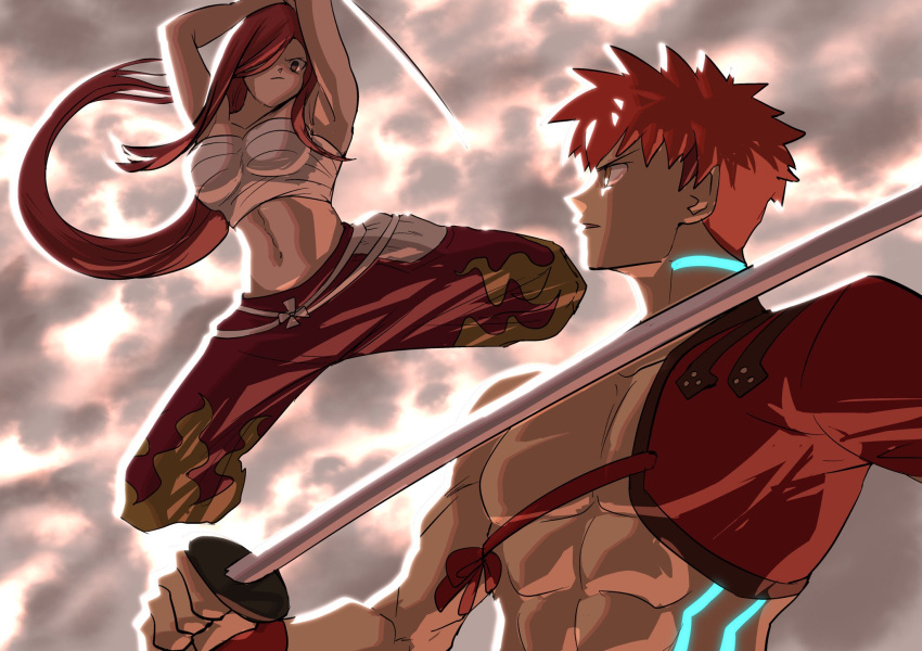 1boy 1girl abs batm_andrew breasts chest_sarashi cloud crossover emiya_shirou erza_scarlet fairy_tail fate/grand_order fate_(series) hair_over_one_eye highres holding holding_sword holding_weapon large_breasts long_hair midriff muscular muscular_male navel pectorals red_eyes red_hair sarashi senji_muramasa_(fate) sword very_long_hair weapon