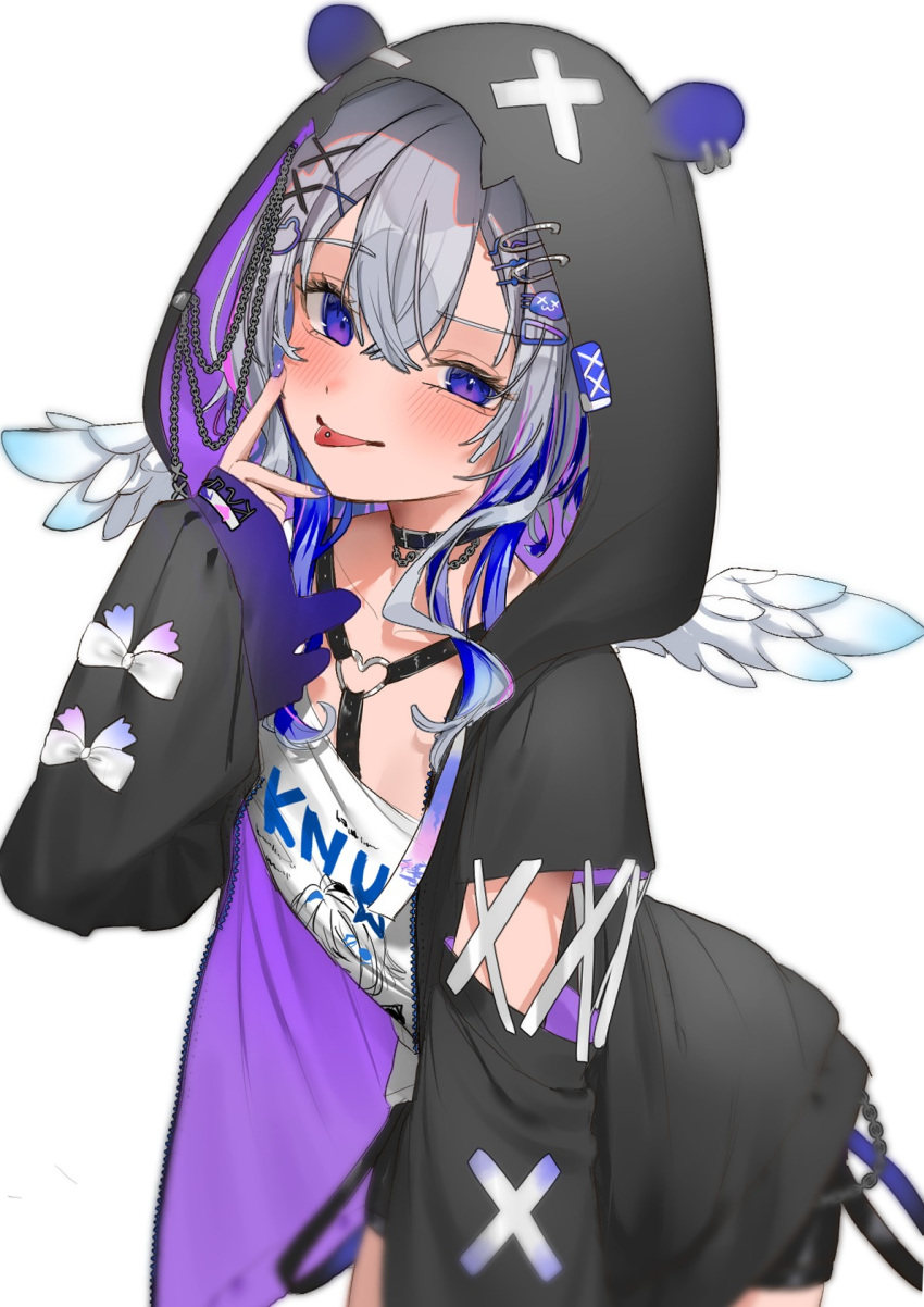 1girl amane_kanata amane_kanata_(6th_costume) angel_wings black_choker black_jacket black_shorts blue_hair choker feathered_wings grey_hair hair_between_eyes hair_ornament hand_up heart_o-ring highres hololive hood hood_up hooded_jacket jacket looking_at_viewer multicolored_hair multiple_hairpins piercing print_shirt purple_eyes purple_nails shirt shorts simple_background solo takeno_omoti tongue tongue_out tongue_piercing v_over_mouth virtual_youtuber white_background white_shirt white_wings wings x_hair_ornament